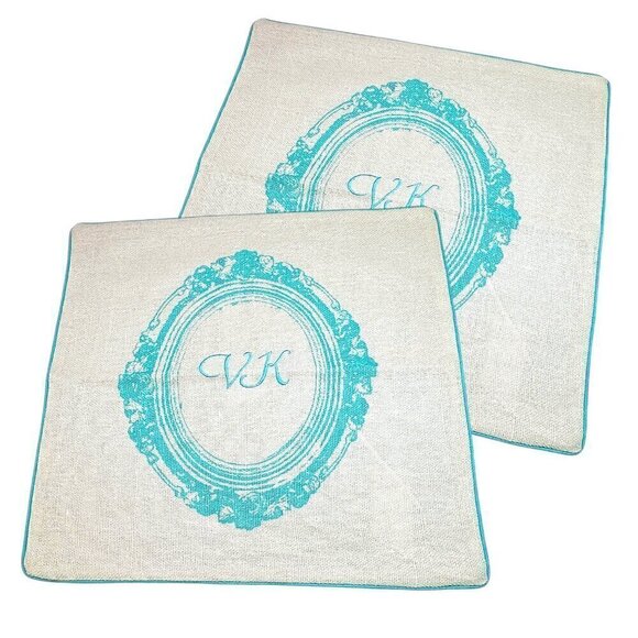 New Pottery Barn PB Teen Throw Pillow Covers Cases 2PSs 18” Linen Cream Teal - Picture 1 of 7